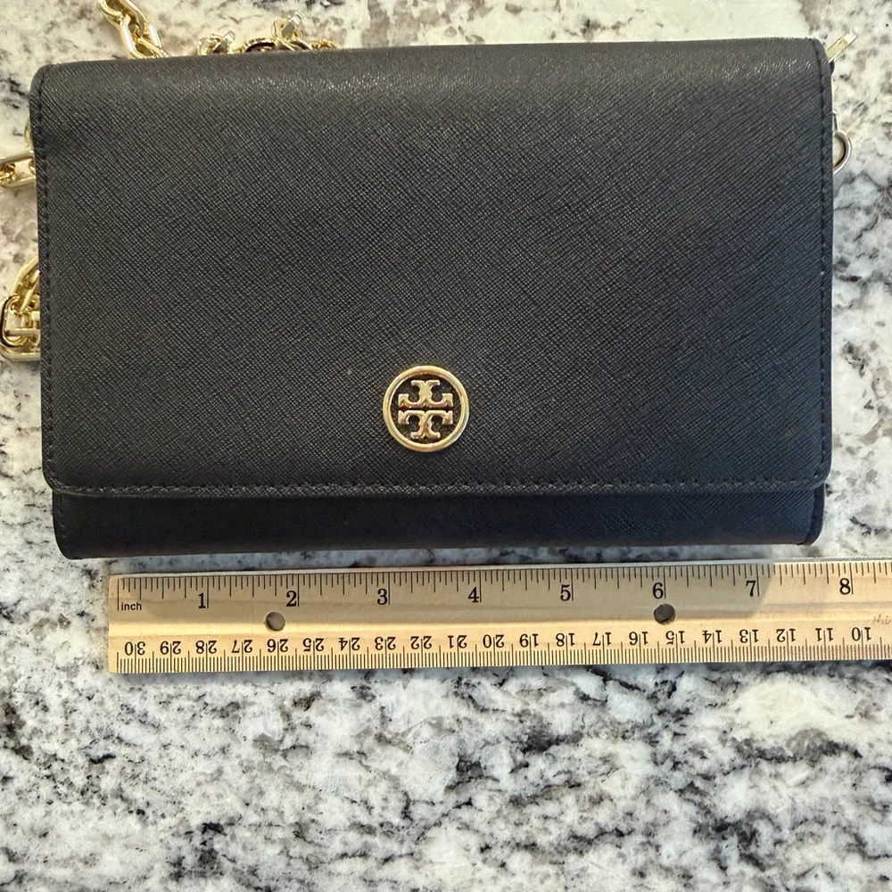 Tory Burch Black Saffiano Robinson or Emerson Gold Chain Bag Wallet Purse